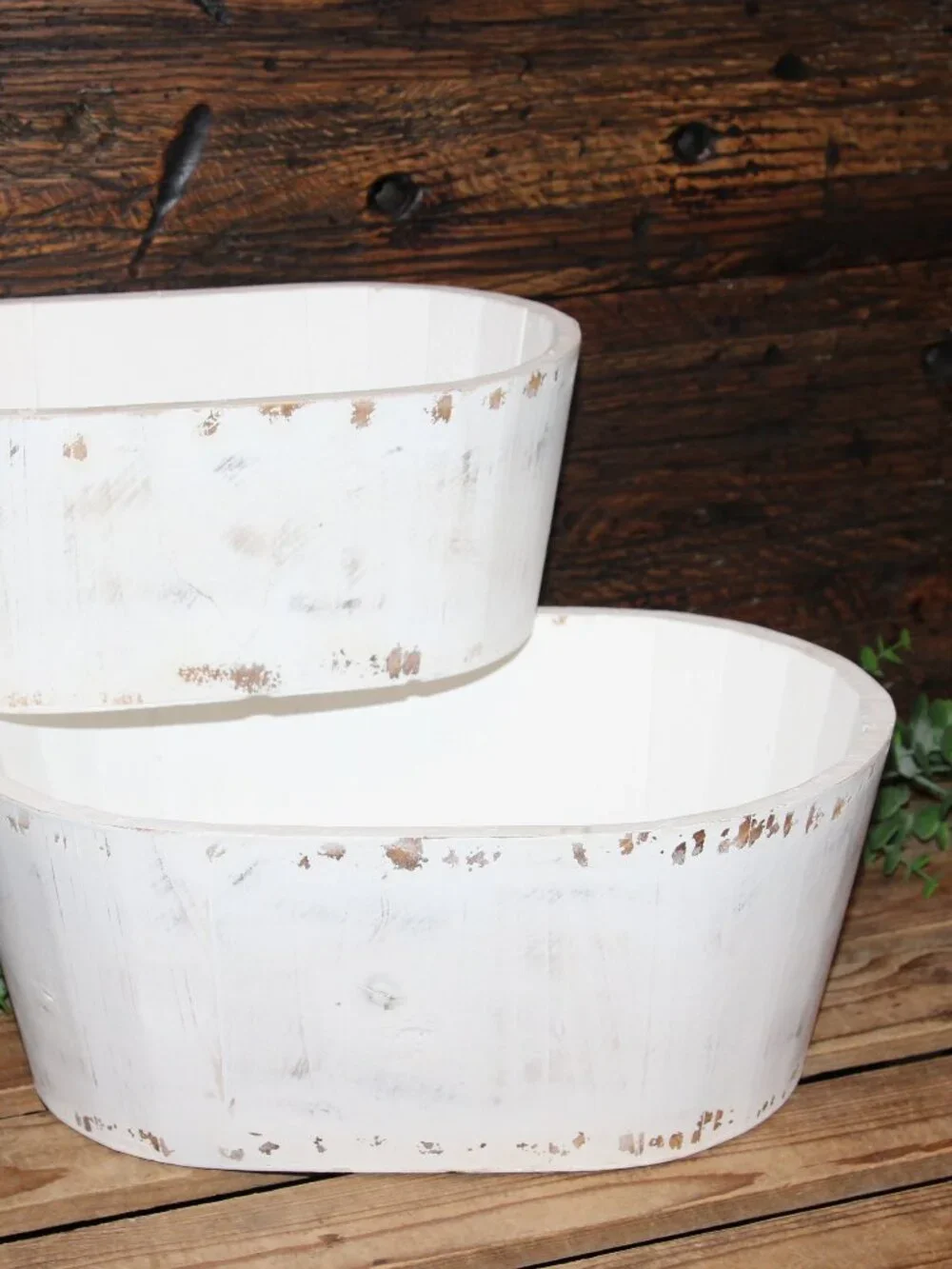 Pair of Large White Shabby Distressed Oval Wood Farmhouse Planter Buckets